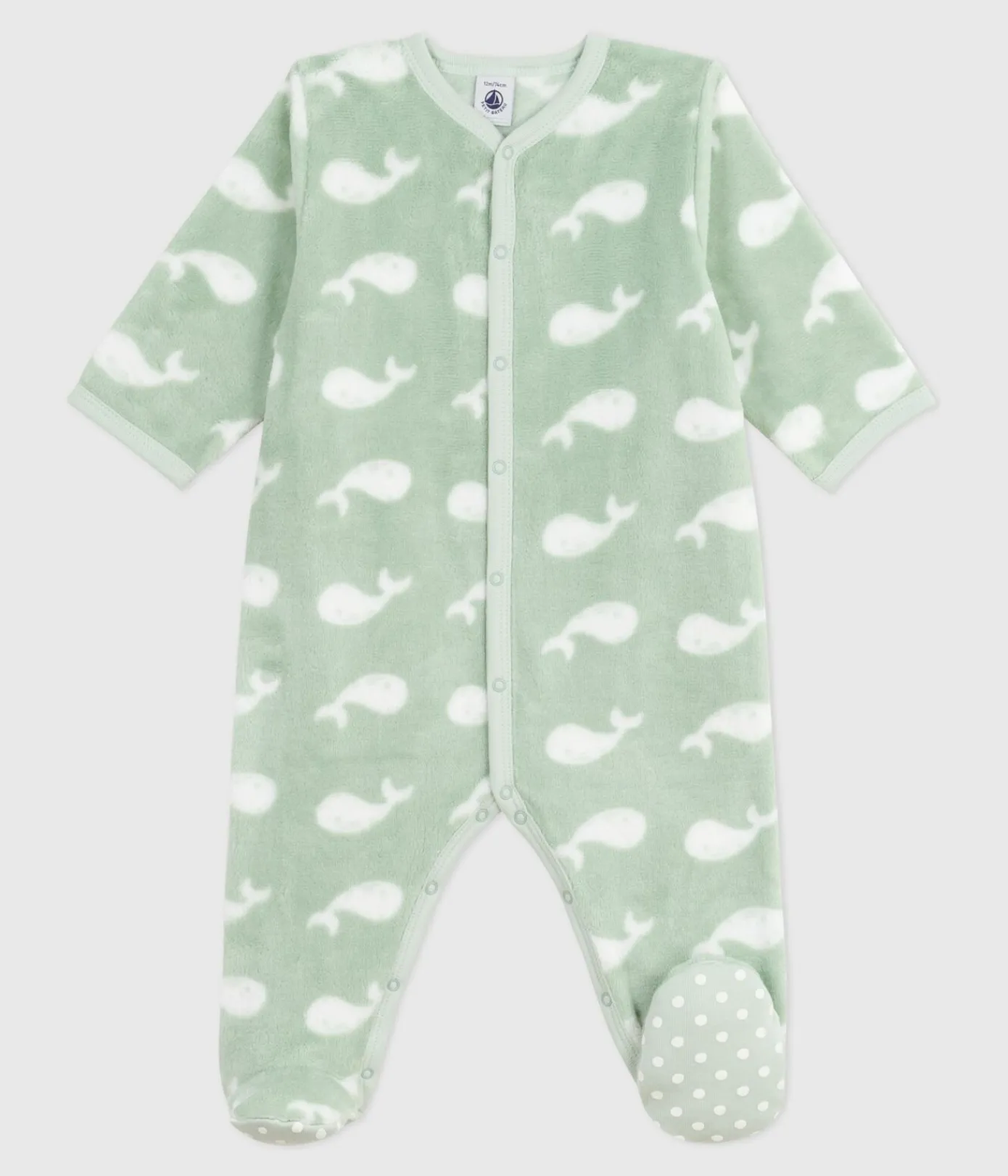 Petit Bateau Schlafanzüge, Strampler*Baby Fleece-Pyjama zum Überziehen mit Wal-Motiv. SAULE/ MARSHMALLOW