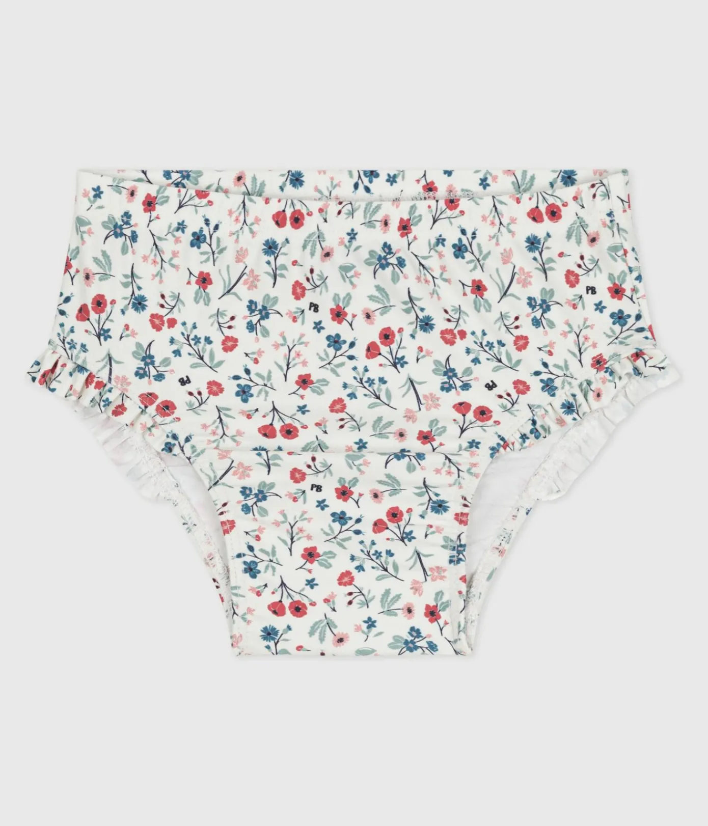 Petit Bateau Bademode, Uv-Kleidung*Baby-Badehose mit Rüschen und Blumenmuster weiss MARSHMALLOW/weiss MULTICO