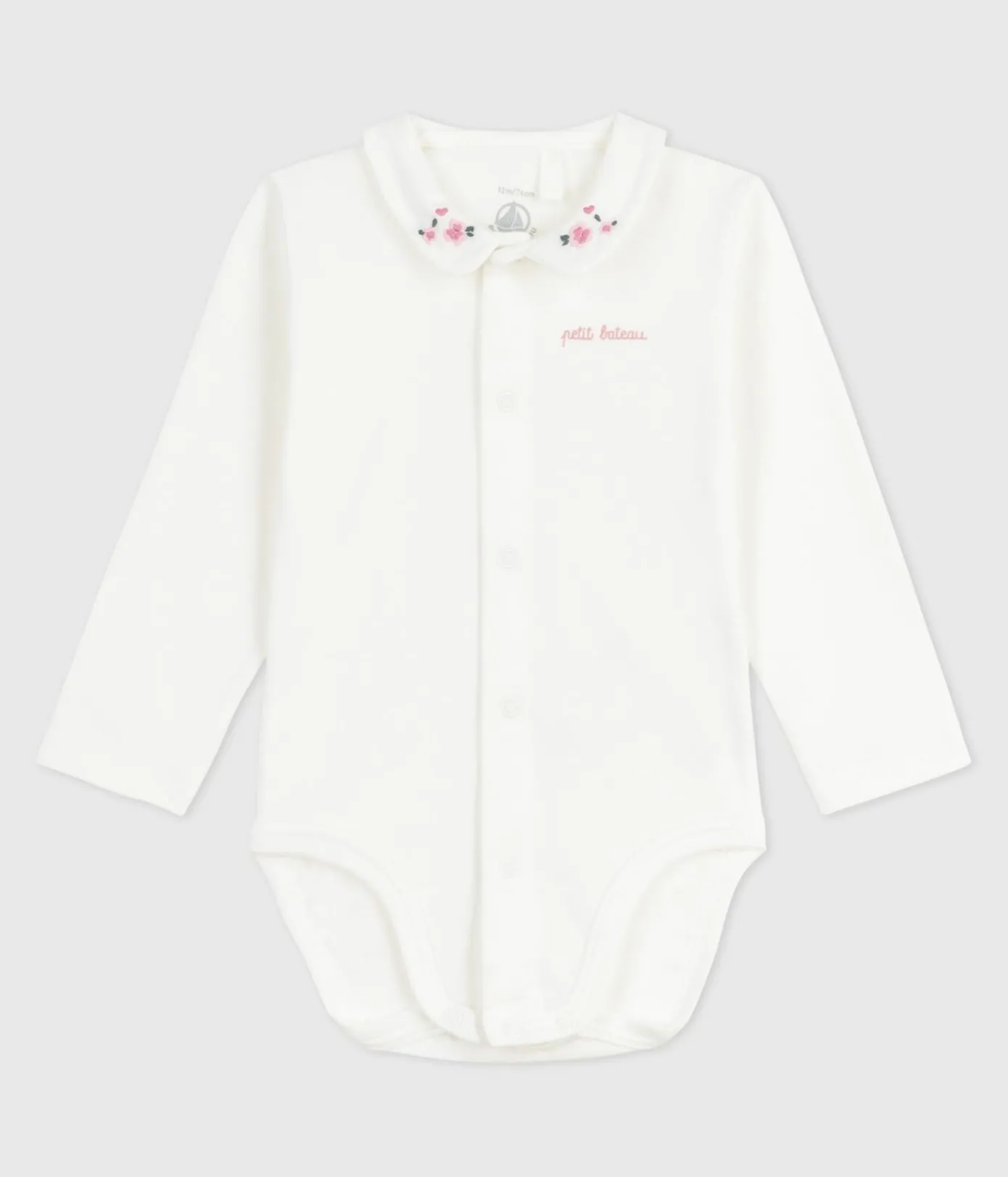 Petit Bateau T-Shirts, Oberteile|Newborn*Baby-Body mit besticktem Kragen und Schriftzug an der Brust weiss MARSHMALLOW/rosa CHARME