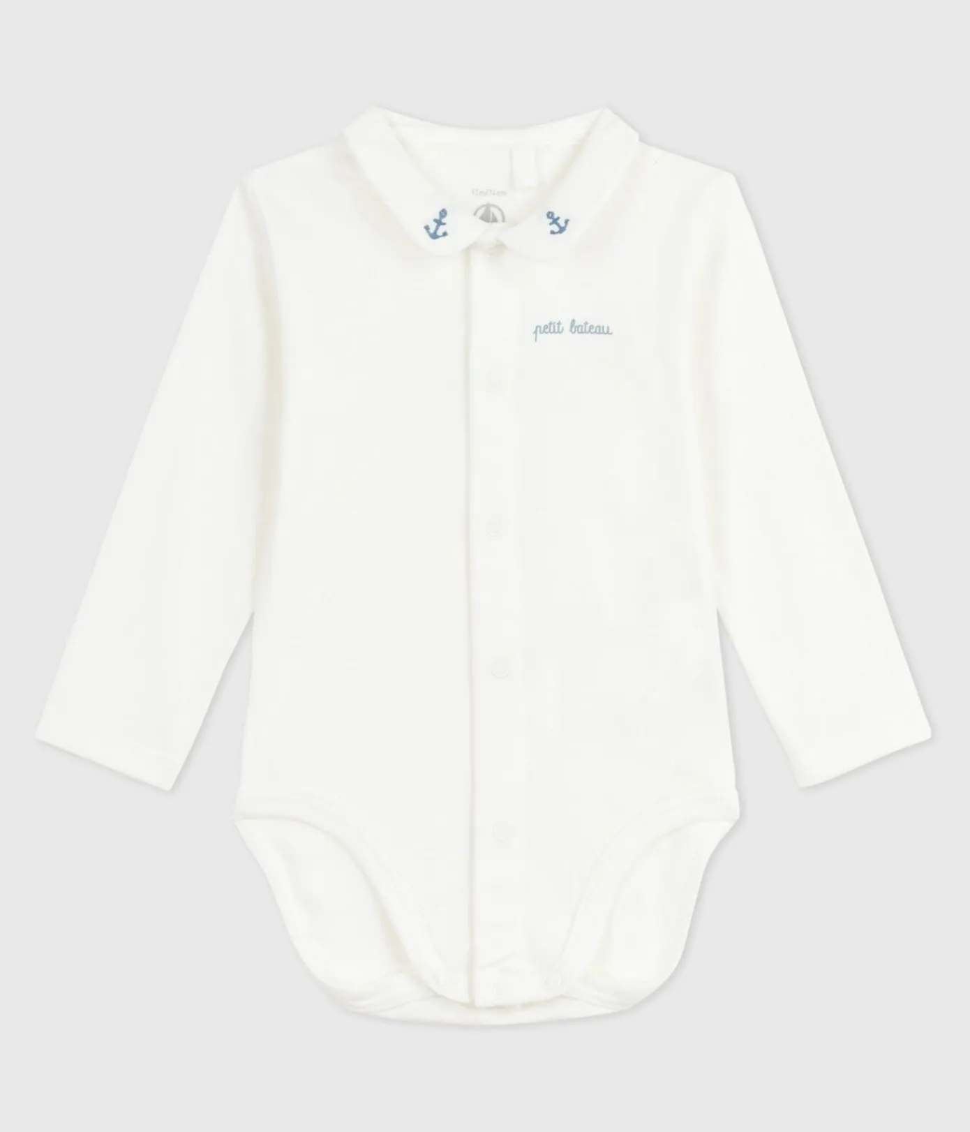 Petit Bateau T-Shirts, Oberteile|Newborn*Baby-Body mit besticktem Kragen und Schriftzug an der Brust MARSHMALLOW/ ADRIATIC