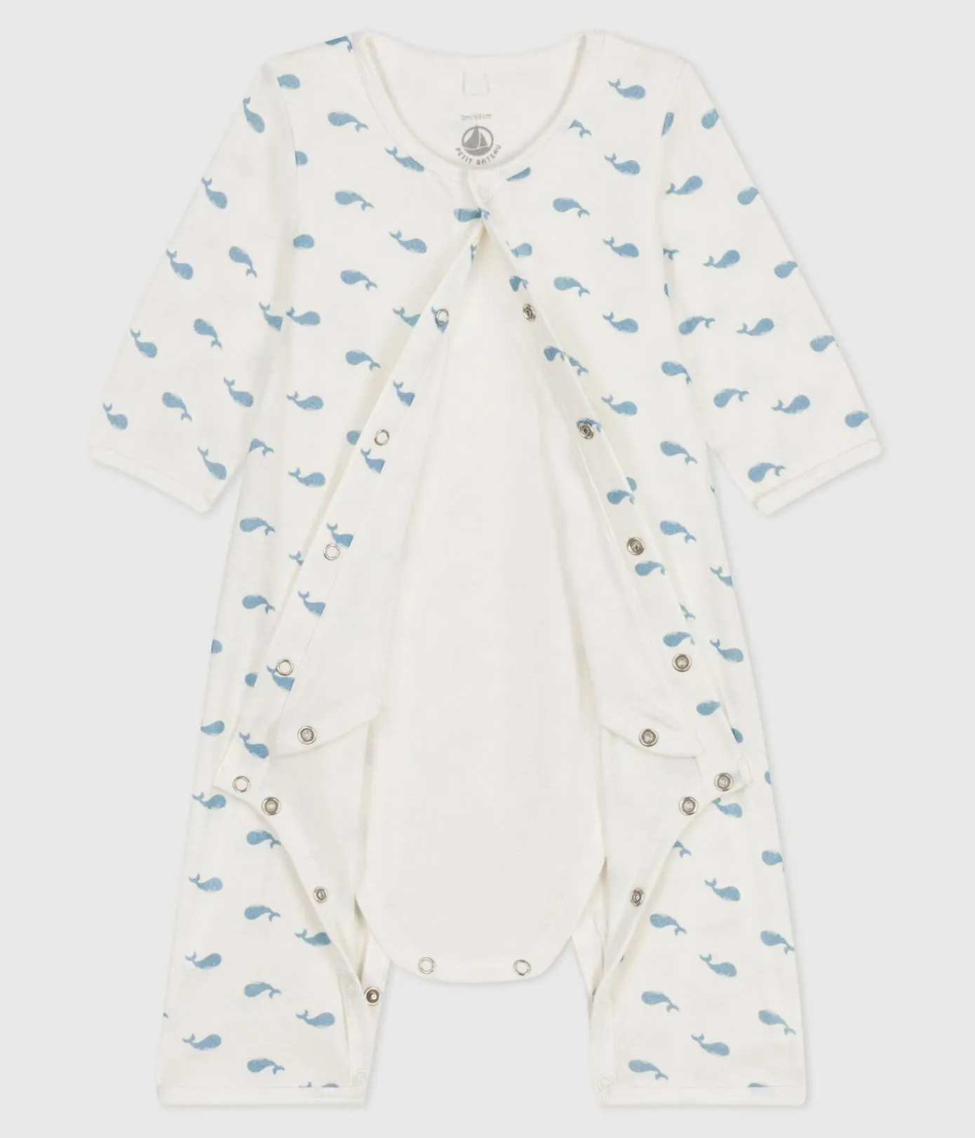 Petit Bateau Schlafanzüge, Strampler|Newborn*Baby-Bodyjama ohne Füßchen aus Baumwolle mit Walmotiv MARSHMALLOW/ ADRIATIC