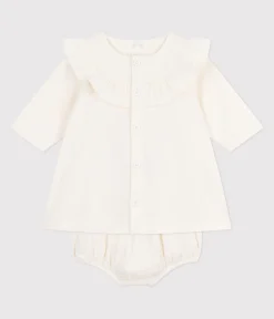 Petit Bateau Kleider|Newborn*Baby-Festtagskleid aus besticktem Fein-Cord mit dazu passendem Bloomer naturfarben MILK