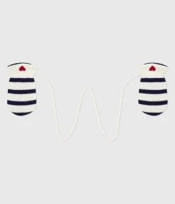 Petit Bateau Accessoires, Sonnenhüte, Caps*Baby-Fäustlinge aus Strick mit Streifen und Fleece-Futter blau MARSHMALLOW/ SOIR