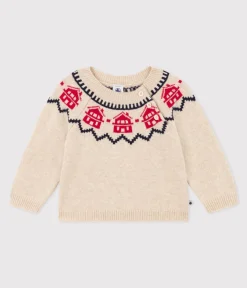 Petit Bateau Pullover, Cardigans*Baby-Jacquard-Pullover aus Woll und Baumwollstrick beige MONTELIMAR/weiss MULTICO
