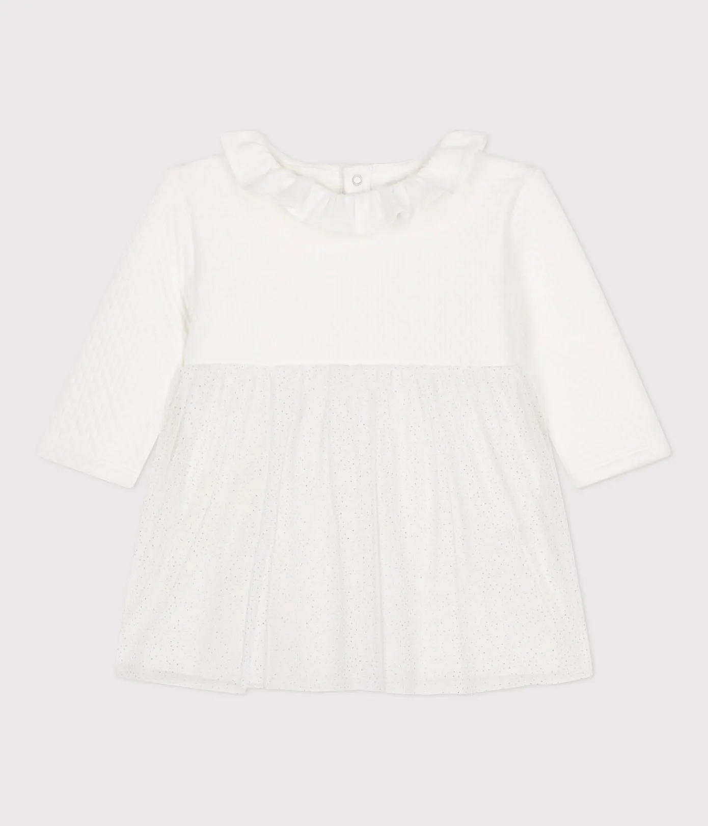 Petit Bateau Kleider*Baby-Kleid aus Doppeljersey und Tüll weiss MARSHMALLOW/grau ARGENT