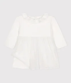Petit Bateau Kleider*Baby-Kleid aus Doppeljersey und Tüll weiss MARSHMALLOW/grau ARGENT