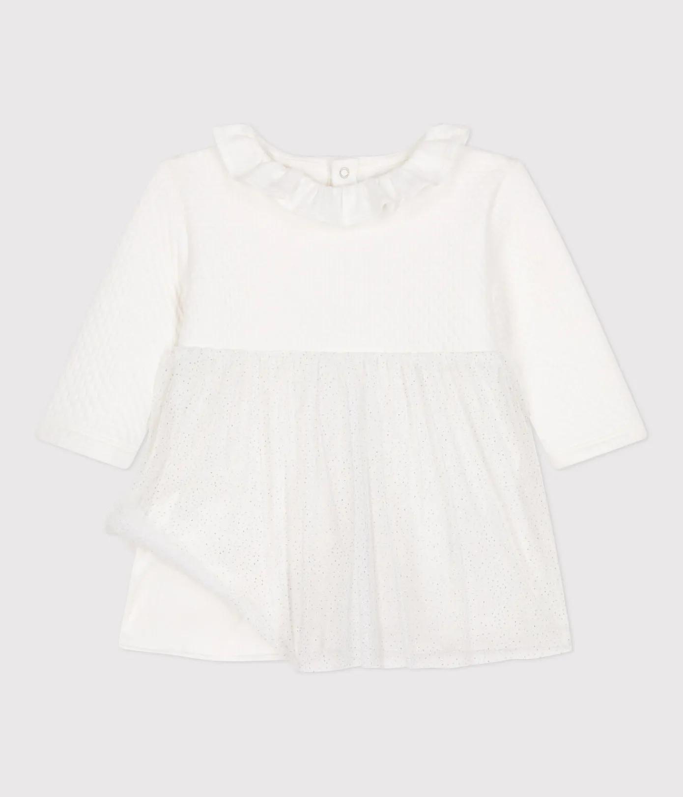 Petit Bateau Kleider*Baby-Kleid aus Doppeljersey und Tüll weiss MARSHMALLOW/grau ARGENT