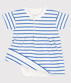 Petit Bateau Kleider|Newborn*Babykleid aus Molton mit integriertem Body weiss MARSHMALLOW/blau PERSE