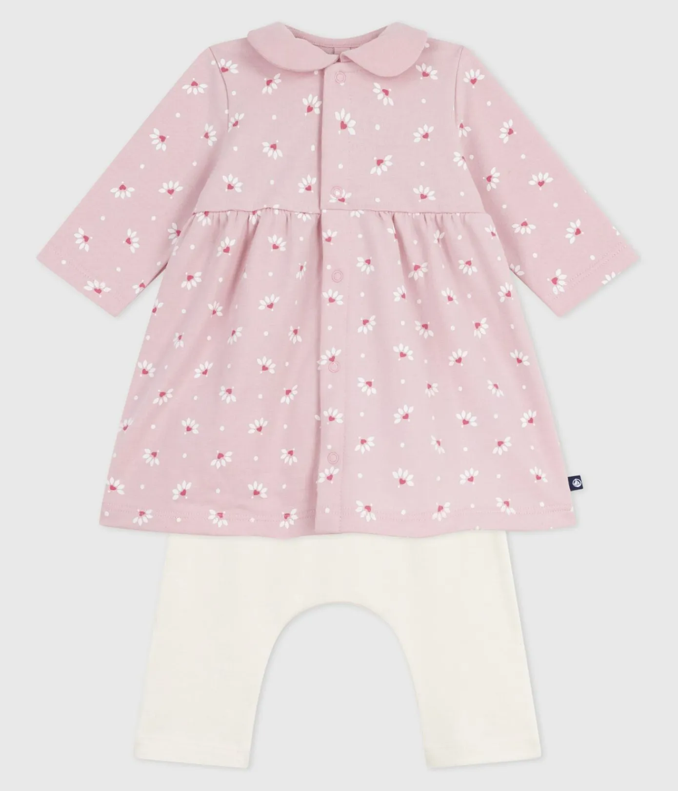 Petit Bateau Kleider|Newborn*Baby-Kleid mit Kragen Blumen- und Herzmotiv und dazu passende Leggings aus Baumwolle rosa JOLI/weiss MULTICO