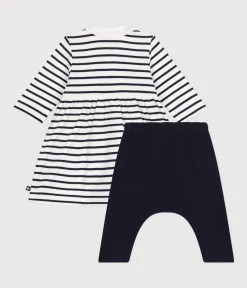 Petit Bateau Kleider|Newborn*Baby-Kleid und Leggings aus Baumwolle weiss MARSHMALLOW/blau SMOKING