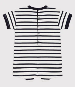 Petit Bateau Schlafanzüge, Strampler|Sets, Overalls & Latzhosen*Baby-Kurzoverall aus dickem Jersey im Streifenlook weiss MARSHMALLOW/blau SMOKING