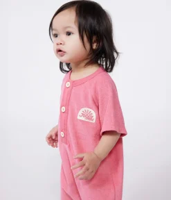 Petit Bateau Sets, Overalls & Latzhosen*Baby-Kurzoverall aus einfarbigem Baumwoll-Frottee mit Aufnäher rosa PEONIA