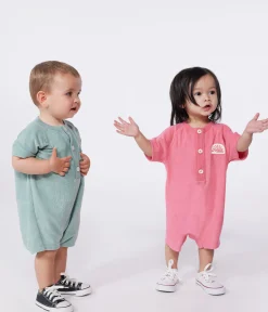 Petit Bateau Sets, Overalls & Latzhosen*Baby-Kurzoverall aus einfarbigem Baumwoll-Frottee mit Aufnäher rosa PEONIA