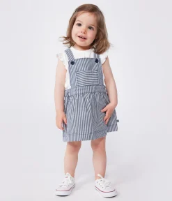 Petit Bateau Kleider*Baby-Latzhosenkleid aus gestreifter Baumwolle blau MEDIEVAL/weiss MARSHMALLOW