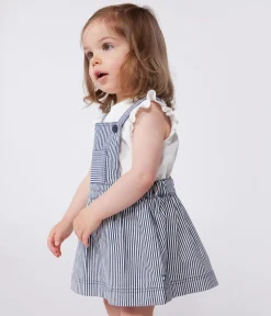 Petit Bateau Kleider*Baby-Latzhosenkleid aus gestreifter Baumwolle blau MEDIEVAL/weiss MARSHMALLOW