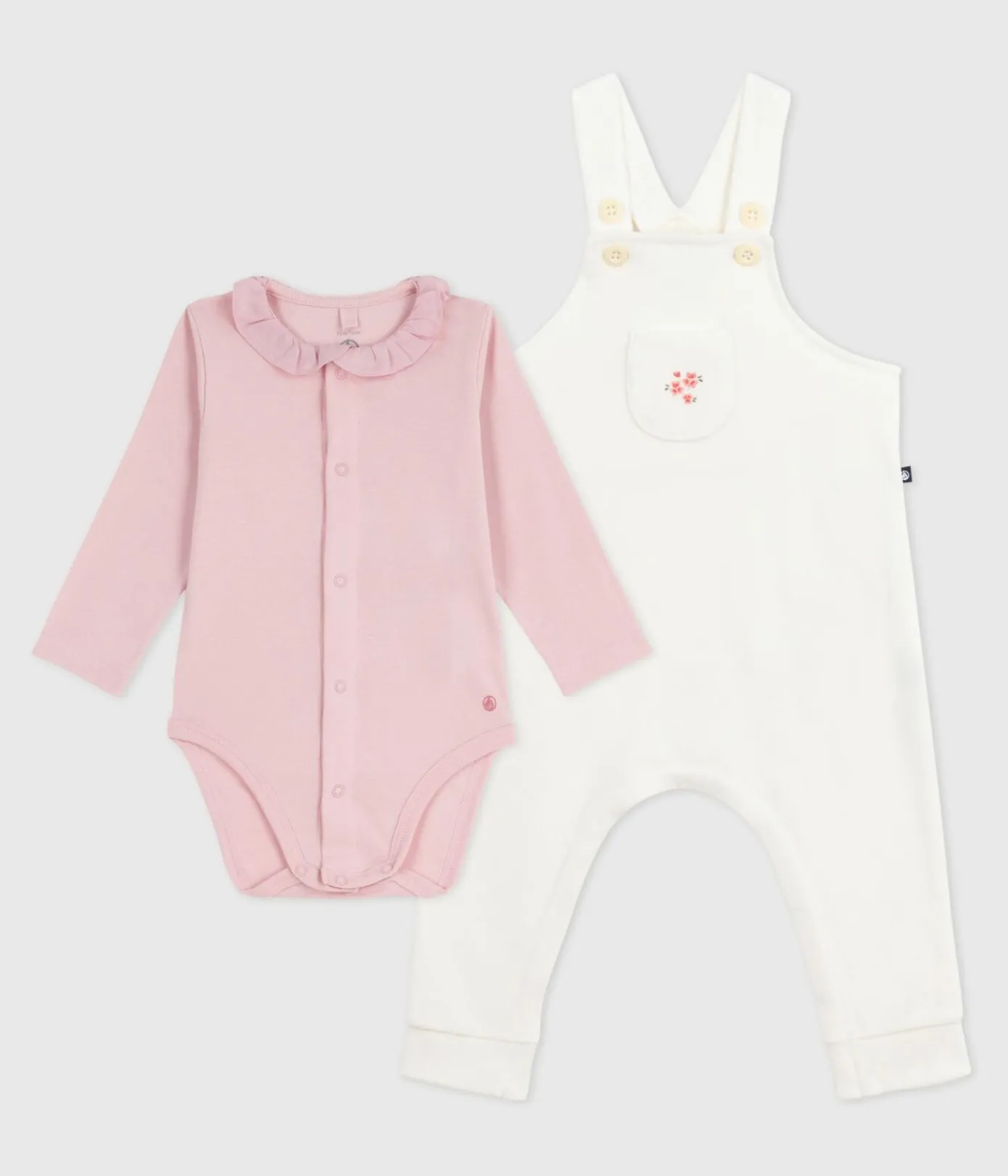 Petit Bateau Sets, Overalls & Latzhosen|Newborn*Baby-Latzhosen-Set aus einfarbiger Baumwolle mit hübschen Verzierungen MILK/ JOLI