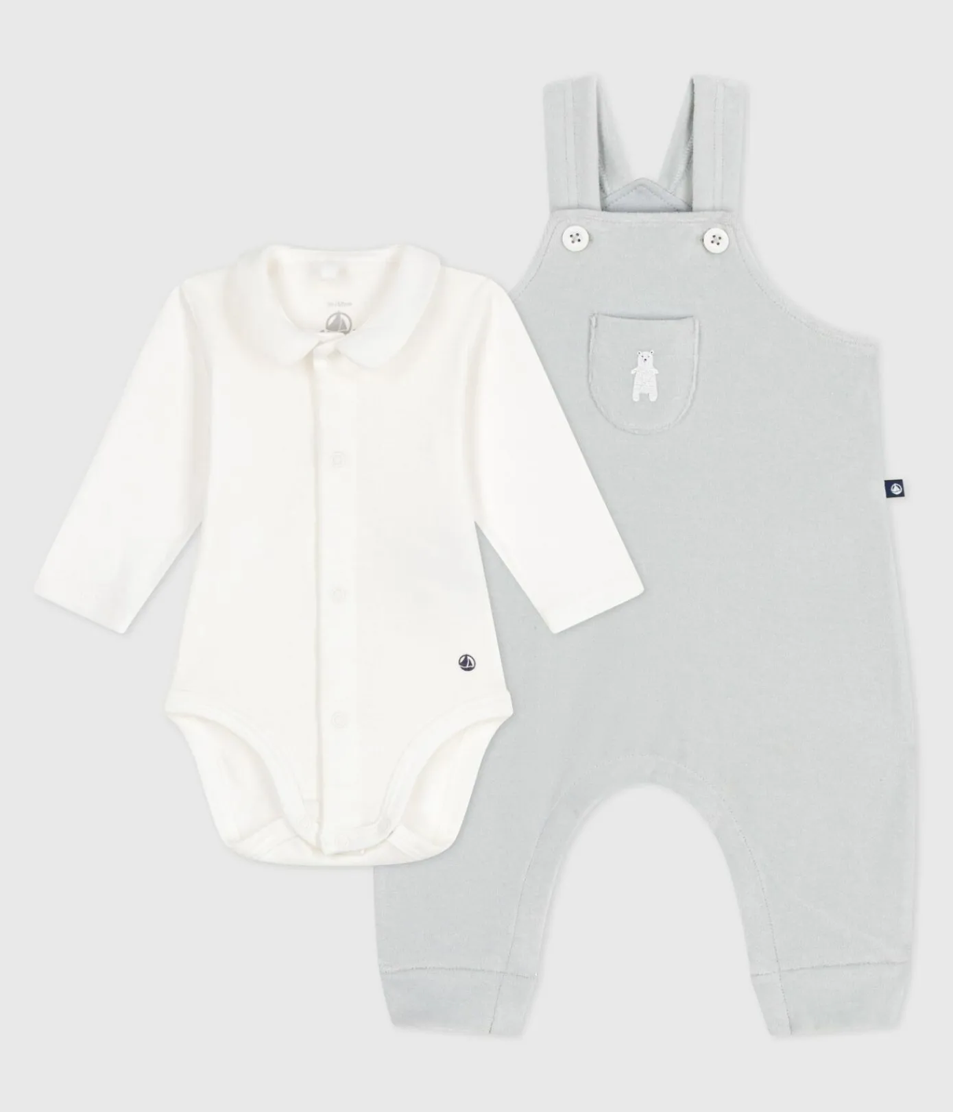 Petit Bateau Sets, Overalls & Latzhosen|Newborn*Baby-Latzhosen-Set aus einfarbiger Baumwolle mit hübschen Verzierungen CO2/ MARSHMALLOW