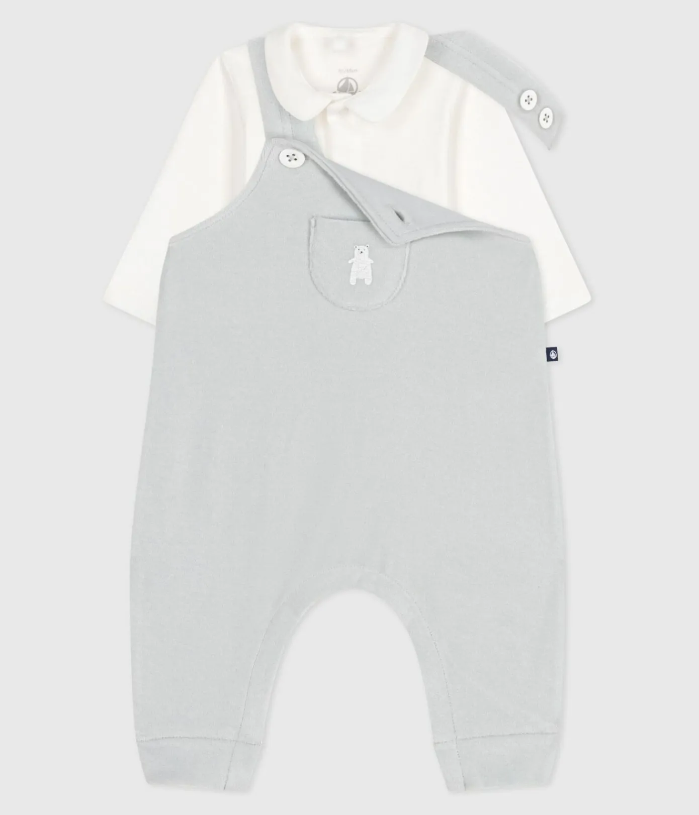 Petit Bateau Sets, Overalls & Latzhosen|Newborn*Baby-Latzhosen-Set aus einfarbiger Baumwolle mit hübschen Verzierungen CO2/ MARSHMALLOW