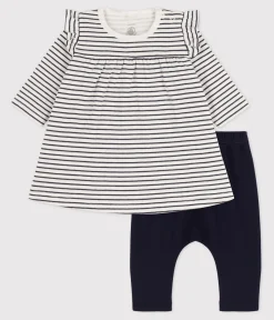 Petit Bateau Kleider|Newborn*Baby-Leggings-Kleid mit Streifen für Mädchen weiss MARSHMALLOW/blau SMOKING
