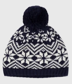 Petit Bateau Accessoires, Sonnenhüte, Caps*Baby-Mütze aus Jacquard-Wollstoff blau SOIR/ MARSHMALLOW