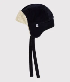 Petit Bateau Accessoires, Sonnenhüte, Caps*Baby-Mütze mit Ohrenklappen aus Samt und Sherpa blau SMOKING