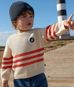 Petit Bateau Pullover, Cardigans*Baby-Pullover aus Baumwolle mit Streifen und Brust-Aufnäher. ROT AVALANCHE/ AURORA
