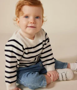 Petit Bateau Pullover, Cardigans*Baby-Pullover aus Woll- und Baumwollstrick weiss MARSHMALLOW/blau SMOKING