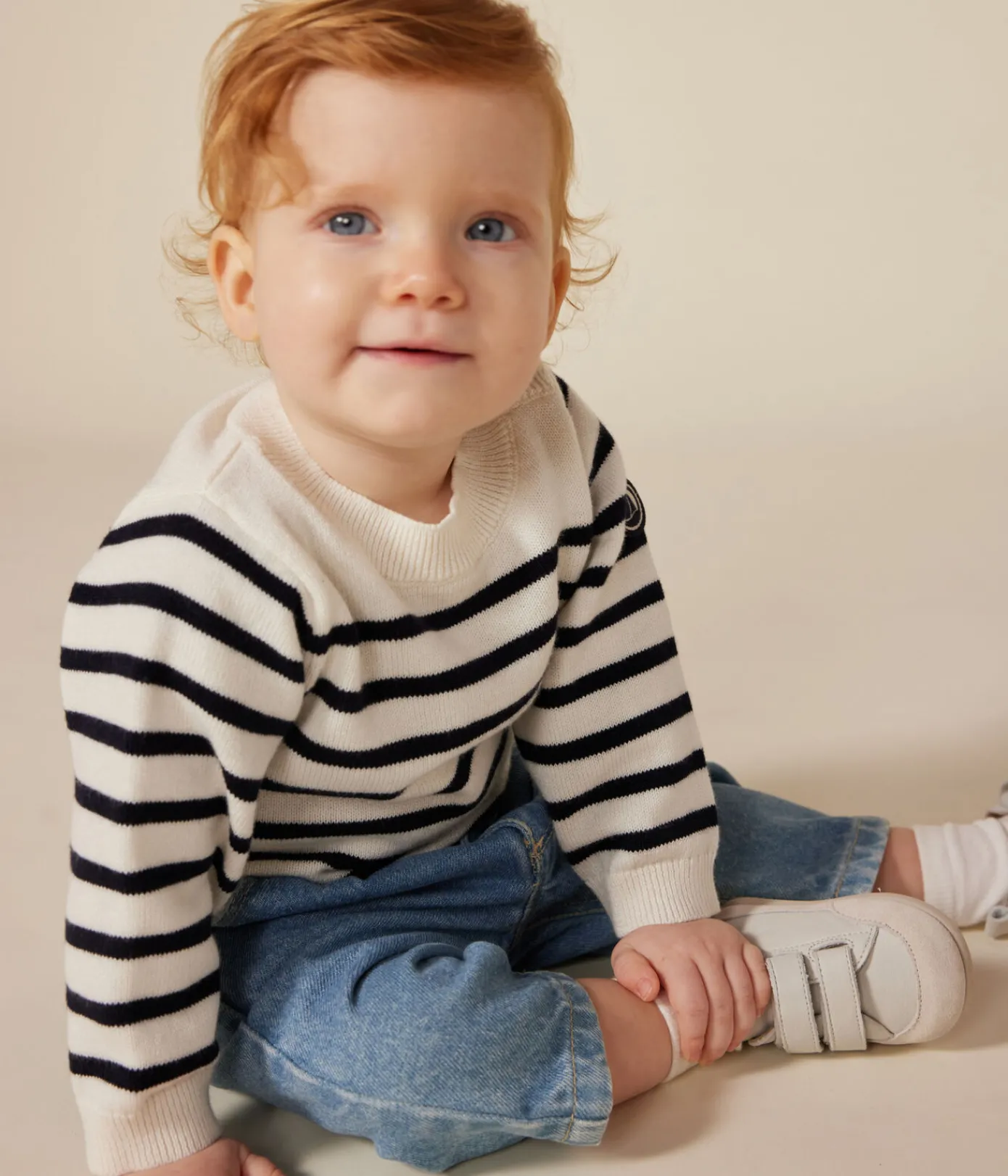 Petit Bateau Pullover, Cardigans*Baby-Pullover aus Woll- und Baumwollstrick weiss MARSHMALLOW/blau SMOKING