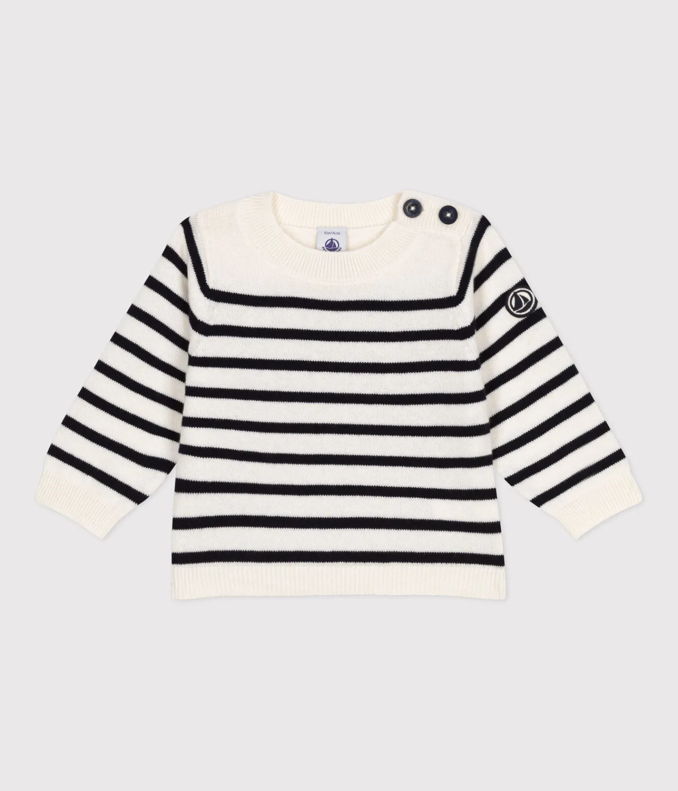 Petit Bateau Pullover, Cardigans*Baby-Pullover aus Woll- und Baumwollstrick weiss MARSHMALLOW/blau SMOKING
