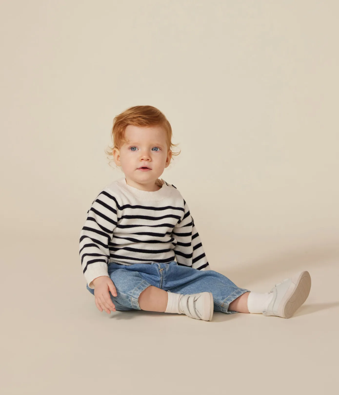 Petit Bateau Pullover, Cardigans*Baby-Pullover aus Woll- und Baumwollstrick weiss MARSHMALLOW/blau SMOKING