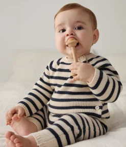 Petit Bateau Sets, Overalls & Latzhosen|Newborn*Baby-Set aus Woll- und Baumwoll-Strick mit Marinestreifen weiss AVALANCHE/blau SMOKING