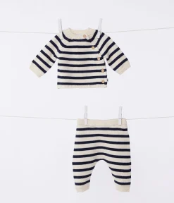 Petit Bateau Sets, Overalls & Latzhosen|Newborn*Baby-Set aus Woll- und Baumwoll-Strick mit Marinestreifen weiss AVALANCHE/blau SMOKING