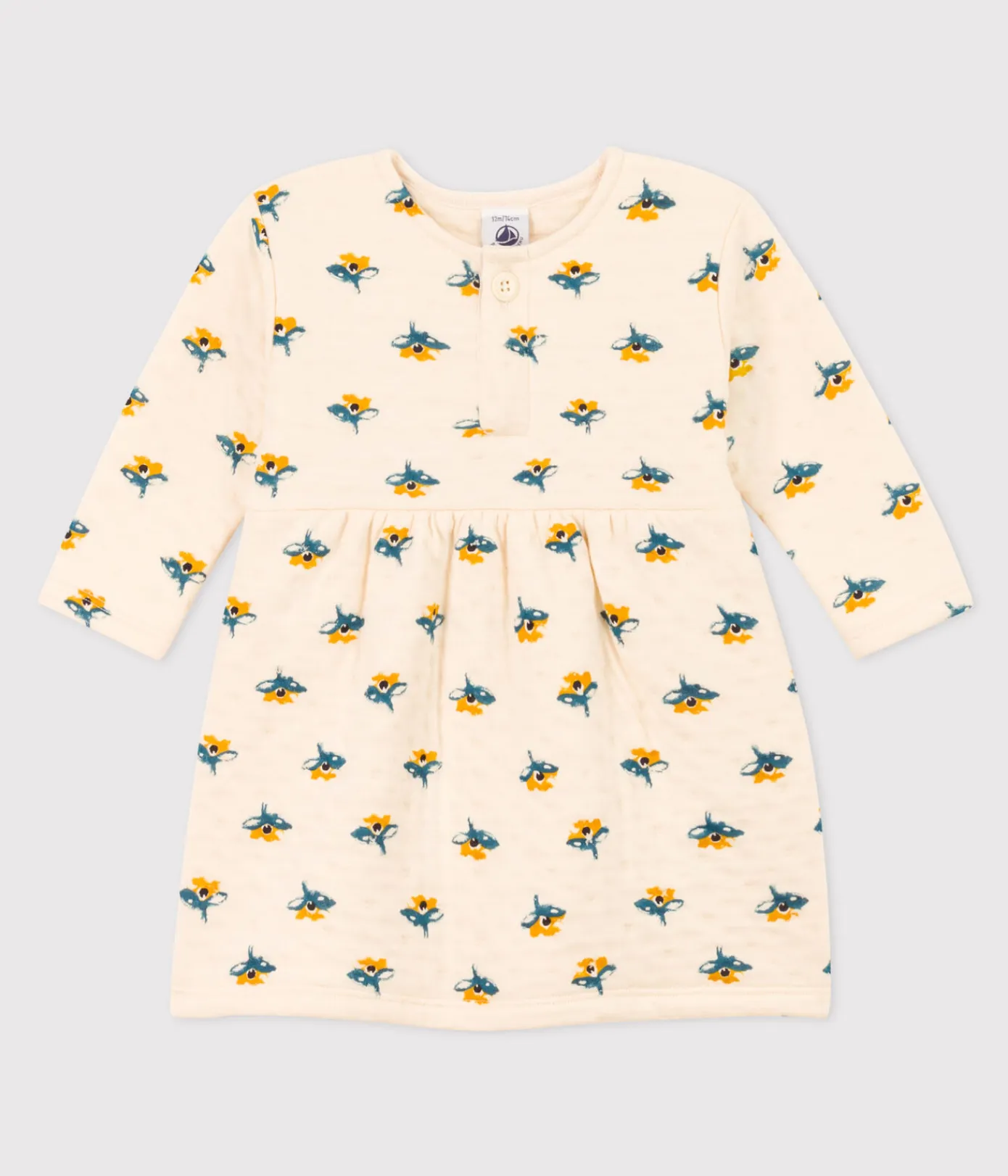 Petit Bateau Kleider*Bedrucktes langärmeliges Babykleid aus gestepptem Doppeljersey weiss AVALANCHE/ MULTICO