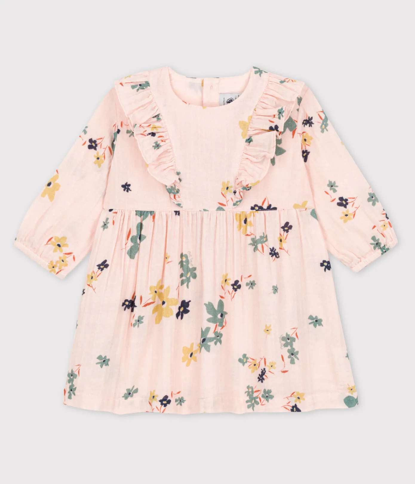 Petit Bateau Kleider*Bedrucktes langärmeliges Babykleid aus Musselin rosa SALINE/weiss MULTICO