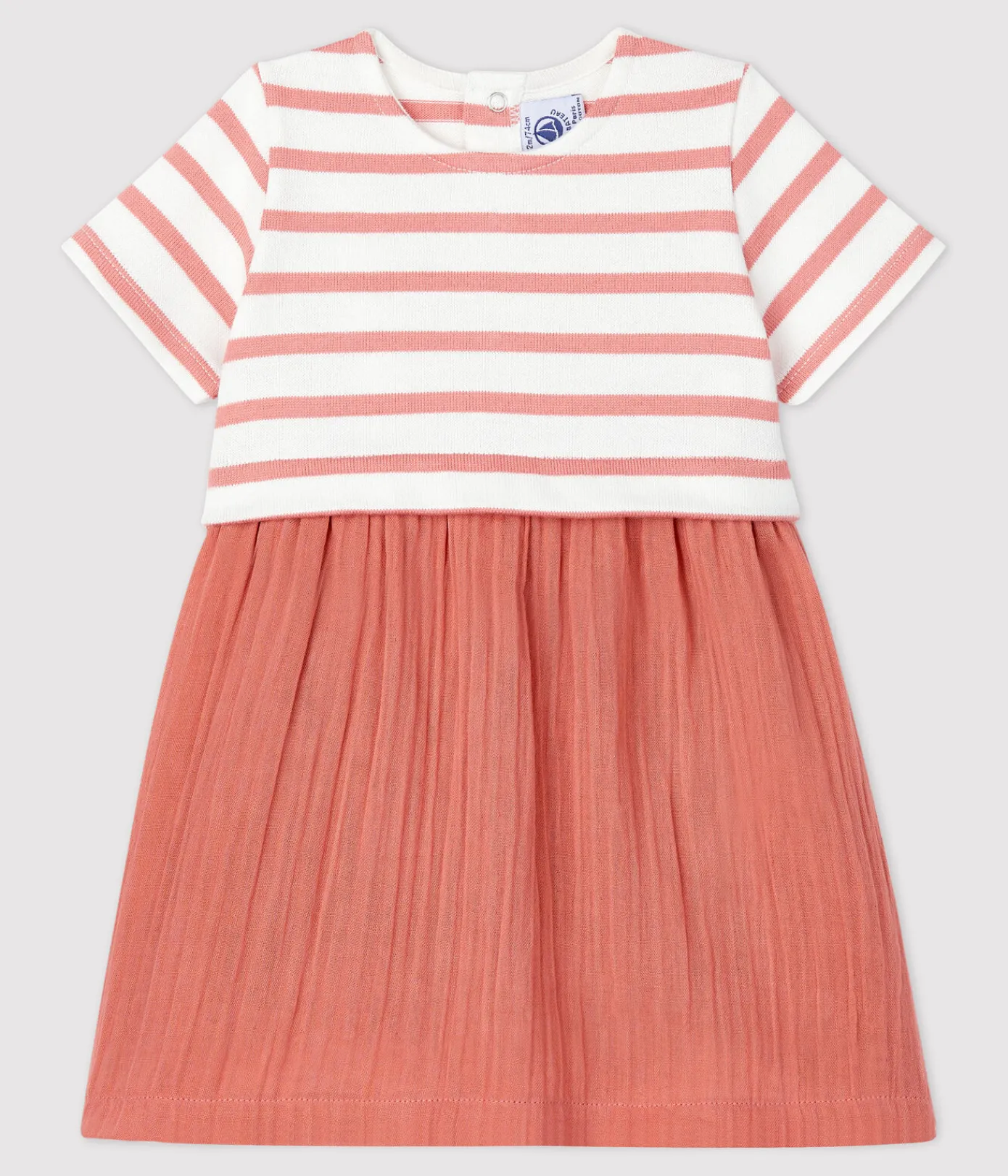 Petit Bateau Kleider*Bio-Babykleid aus Musselin und dichtem Jersey weiss MARSHMALLOW/ PAPAYE