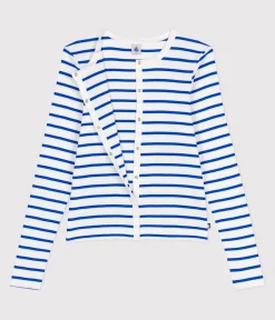 Petit Bateau Homewear|Streifenshirts, Pullover, Cardigans*Damen-Cardigan aus einfarbiger Baumwolle weiss MARSHMALLOW/blau PERSE
