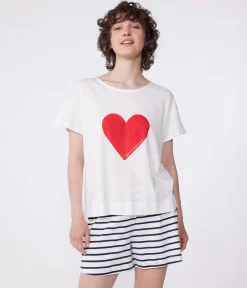 Petit Bateau Schlafanzüge, Nachthemden*Damen-Kurzpyjama aus Baumwolle mit Herzmotiv weiss MARSHMALLOW/blau SMOKING