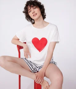 Petit Bateau Schlafanzüge, Nachthemden*Damen-Kurzpyjama aus Baumwolle mit Herzmotiv weiss MARSHMALLOW/blau SMOKING