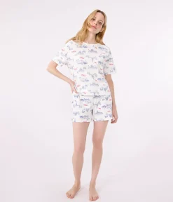 Petit Bateau Schlafanzüge, Nachthemden*Damen-Kurzpyjama aus Baumwolle mit Paris-Motiv weiss MARSHMALLOW/weiss MULTICO