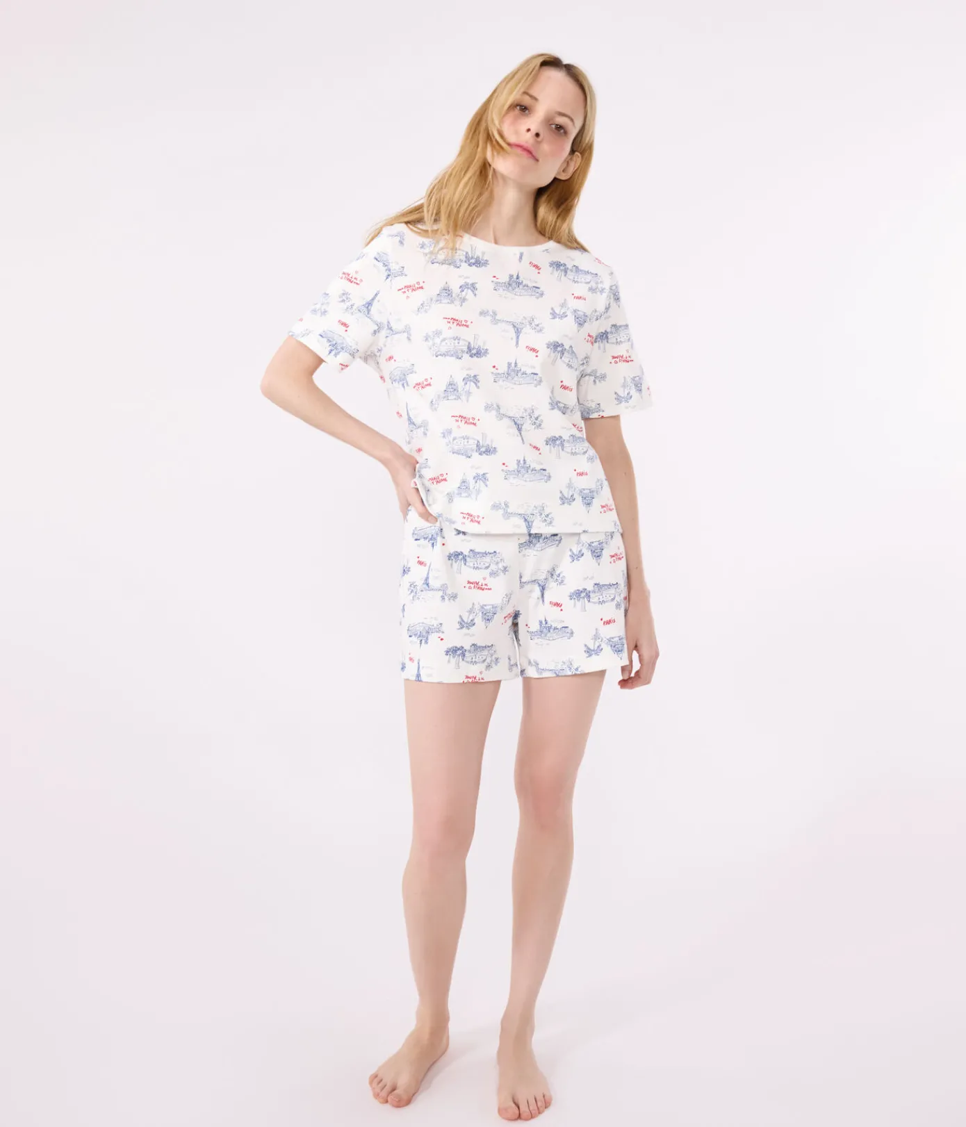 Petit Bateau Schlafanzüge, Nachthemden*Damen-Kurzpyjama aus Baumwolle mit Paris-Motiv weiss MARSHMALLOW/weiss MULTICO