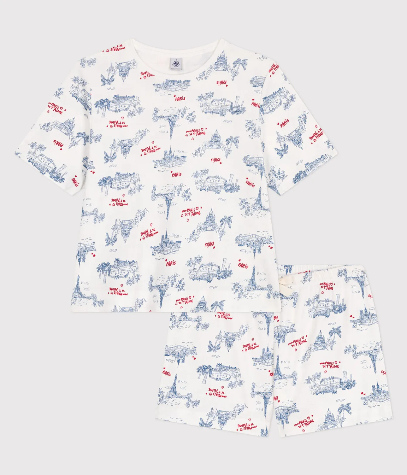 Petit Bateau Schlafanzüge, Nachthemden*Damen-Kurzpyjama aus Baumwolle mit Paris-Motiv weiss MARSHMALLOW/weiss MULTICO