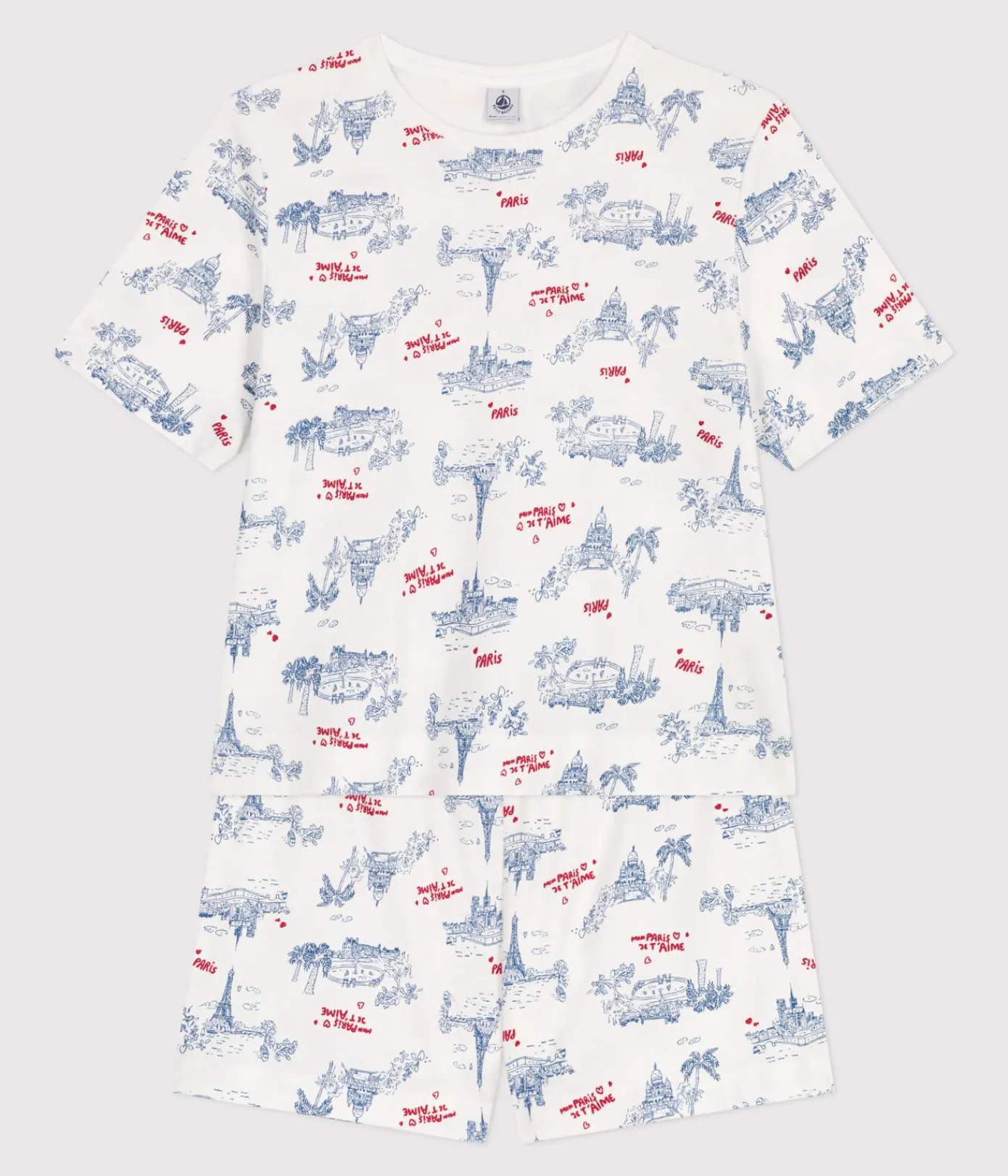 Petit Bateau Schlafanzüge, Nachthemden*Damen-Kurzpyjama aus Baumwolle mit Paris-Motiv weiss MARSHMALLOW/weiss MULTICO