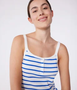 Petit Bateau Schlafanzüge, Nachthemden*Damen-Kurzpyjama mit feinen Trägern aus gestreifter Baumwolle weiss MARSHMALLOW/blau PERSE