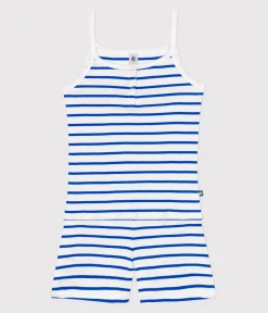 Petit Bateau Schlafanzüge, Nachthemden*Damen-Kurzpyjama mit feinen Trägern aus gestreifter Baumwolle weiss MARSHMALLOW/blau PERSE