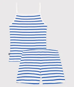 Petit Bateau Schlafanzüge, Nachthemden*Damen-Kurzpyjama mit feinen Trägern aus gestreifter Baumwolle weiss MARSHMALLOW/blau PERSE