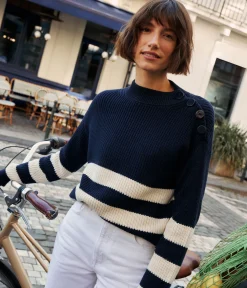 Petit Bateau Homewear|Streifenshirts, Pullover, Cardigans*Damen-Pullover aus Baumwolle blau SMOKING/ AVALANCHE