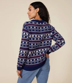 Petit Bateau Homewear|Streifenshirts, Pullover, Cardigans*Damen-Pullover aus Woll-und Baumwolljacquard blau MEDIEVAL/weiss MULTICO