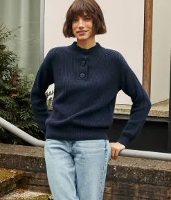 Petit Bateau Streifenshirts, Pullover, Cardigans*Damen-Pullover mit Stehkragen aus Baumwolle blau SMOKING