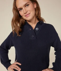 Petit Bateau Streifenshirts, Pullover, Cardigans*Damen-Pullover mit Stehkragen aus Baumwolle blau SMOKING