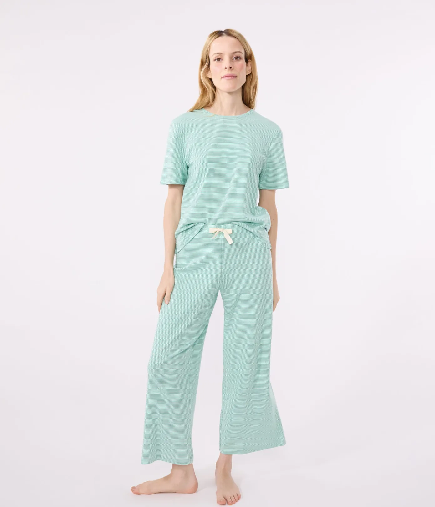 Petit Bateau Homewear|Schlafanzüge, Nachthemden*Damen-Pyjama aus Baumwolle mit weiten Beinen und Streifen grün ALOEVERA/weiss MARSHMALLOW